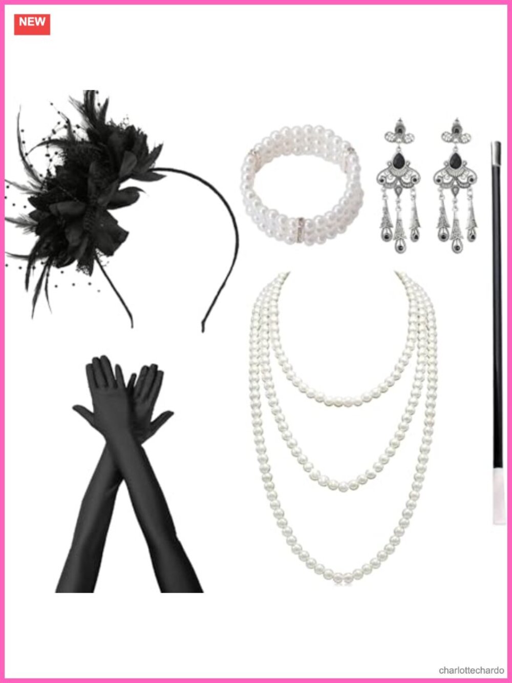 1920s Accessories Set Feather Headband Pearl Necklace Earrings Bracelet Gloves